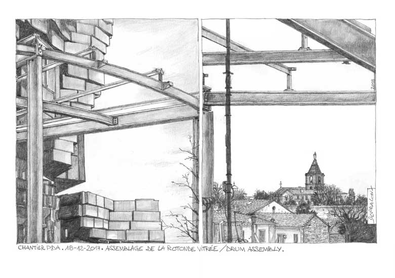 Reportage dessiné sur la construction du bâtiment Gerhy de la fondation LUMA